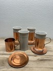 Vtg Set Of 4 Copper   White Ceramic Mugs With Brass Handles And Plates