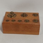 8 Brass Scale Balance Weights 50 20 10 10 5 2 2 1 Grams Wood Block Set Vintage