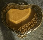 Vintage Heart Shape Ormolu Brass Beveled Glass Jewelry Trinket Box  Gold Felt 