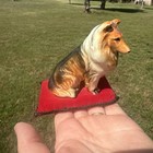 Vintage Collie Dog Lassie Figurine Green Velvet Cushion Midcentury Enesco Japan