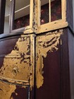 Antique Distressed Burgundy Wood   Glass Collector s Cabinet Floral 4 Doors 2 Dr