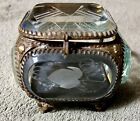 Antique French Etched Beveled Glass Square Trinket Jewelry Box Brass Flag Flower