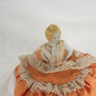 Vintage Porcelain Half Doll Pin Cushion Orange Silk Lace Dress Girl
