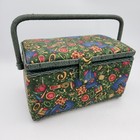 Vintage Fabric Covered Sewing Box Basket Padded With Handle And Storage Tray