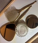 Antique Brush Set 3 Pc Gold Tone mirror powder Glass Jar Cover For Dresser Roses