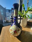 Antique Bohemian Cobalt Blue Art Glass Vase Ewer Hand Painted Floral Gold Urn