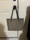 Coach Signature Logo Zip Top Tote Brown  Gold Hardware  Inner Pockets  Lined