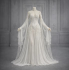 Celtic Chiffon Wedding Dress Cold Shoulder Flared Bell Sleeve Beaded Bridal Gown
