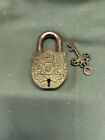 Antique Brass Ornate Hand Carved Padlock With Key For Military Arsenal