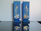    Rare    Stunning Antique Blue Art Glass Vase Pair  Handpainted  11  beautiful