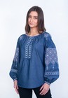 Women Ukrainian Denim Blue Vyshyvanka Cotton Embroidered Boho Blouse Traditional