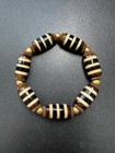 Striped Agate Dzi Bead Bracelet   Tibetan 3 Line Dzi Style Barrel Beads   Brown