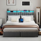 King queen full Size Led Bed Frame With Charging Station   Upholstered Headboard