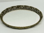 Vintage Oval Gold Tone Filigree Mirrored Vanity Tray Hollywood Regency 14    X 10   