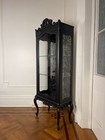 Vintage 1960s French Glass Matte Black Wood  Illuminated Vitrine Curio Cabinet