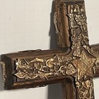 Vintage Large Mexican Milagro Cross Wood Brass Metal Charms Hecho A Mano 12   