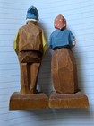 2 Tom Hannah Old Man And Old Woman Hand Carved Figurine Wood  Folk Art Vintage