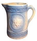 Late 1800 s Blue Cream Stoneware Pitcher With Cows