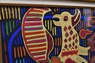 Vintage Mexican Folk Art Style Of Kuna Mola On Fabric Framed Behind Glass