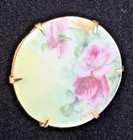 Victorian Antique Edwardian Hand Painted Flowers Floral Design Gilded Brooch Pin