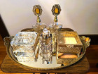 Jeweled Gilt Filigree Vanity Set Perfume Bottles Powder   Trinket Boxes   Tray