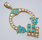 Pretty Antique Victorian 18k 9k Gold Turquoise Pearl Tulip Floral Heart Pendant