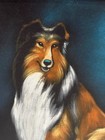 Vintage Black Velvet Painting Of A Collie Dog In Carved Wooden Frame