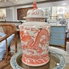 Vintage Reproduction Light Red Dragon Porcelain Temple Jar-9 5   X 18  h