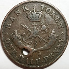 1852 Upper Canada Bank Token Half Penny Punched Hole Br  720  Free Shipping