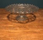 Pretty Vintage 9 5  Clear Pressed Glass Floral Cosmos   Cane Pedestal Cake Stand