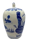 Chinese Blue   White Ginger Jar W   Lid Water Lilly   Bird Pattern 11    Vintage