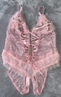 New Shiny Satin   Chiffon Teddy Bodysuit  1x Crotchless  Frilly Lacy Coquette
