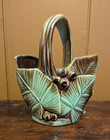 Vtg 40   s Mccoy Green Palm Leaves   Berries Pottery Basket Planter W  Handle  509