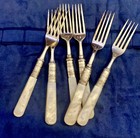 Antique Lot  6  Sterling Silver Mother Of Pearl   Silverplate Dinner Forks