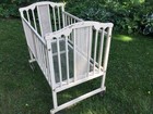 Antique Crib  Doll Display  Store Display wood   Metal W  Rubber Wheels
