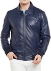 Lambskin Classic Mens Navy Blue Leather Bomber Jacket Biker Moto Collared Winter
