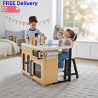 Wooden Kitchen Island Playset Toy Cooking Food Accessories Stool Set Kids New