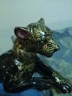 Stunning  Refurbished Vintage 13  Black Ceramic Panther W amber Jeweled Eyes  