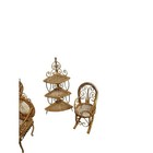 Vintage Miniature Wicker Dollhouse Furniture Set Gold Wire Table Chairs Shelf