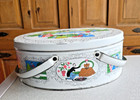 Vintage Sewing Tin Basket Double Swing Handle White Victorian Scene 11x8 5 