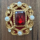 Vintage Signed Florenza Jeweled Trinket Pill Box Ruby Red Rhinestone Faux Pearl
