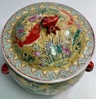 Chinese Koi Crab Famille Yellow Ground Porcelain Lidded Pot Jar Quinlong Mark