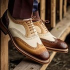 Stylish Handmade Brown   Beige Leather Dress Wingtip Lace Up Oxford Dress Shoes