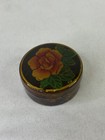 Vintage Black Lacquer Box Round Trinket Jewelry Box Peach Roses Hand Painted 