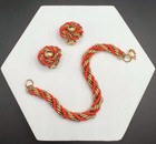 Vintage Textured Gold Tone Rope Chain   Coral Glass Beaded Bracelet Earrings Set