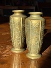 2 Antique Japanese Meiji Solid Cast Brass Bronze Vase Relief Panel Floral Patina