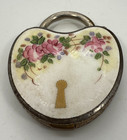 Vintage Guilloche Enamel Flower Heart Lock Padlock Powder Compact Read Condition