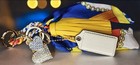 Coach Blue   Yellow Silk Scarf   Tassle Keychain With Heart Charm Nwot