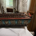 Vtg Tibetan Brass Incense Burner Box Turquoise Coral Inlay Ashtamangala 12   