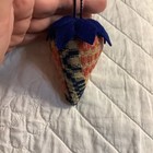 Strawberry Emery   Pincushion Old Pink Blue   White Coverlet Fabric 3-1 2    Prim